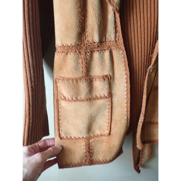 Sweater Bee Vintage 70’s Leather Knit Jacket Large Banff Orange Boho Mod Indie - Picture 4 of 8